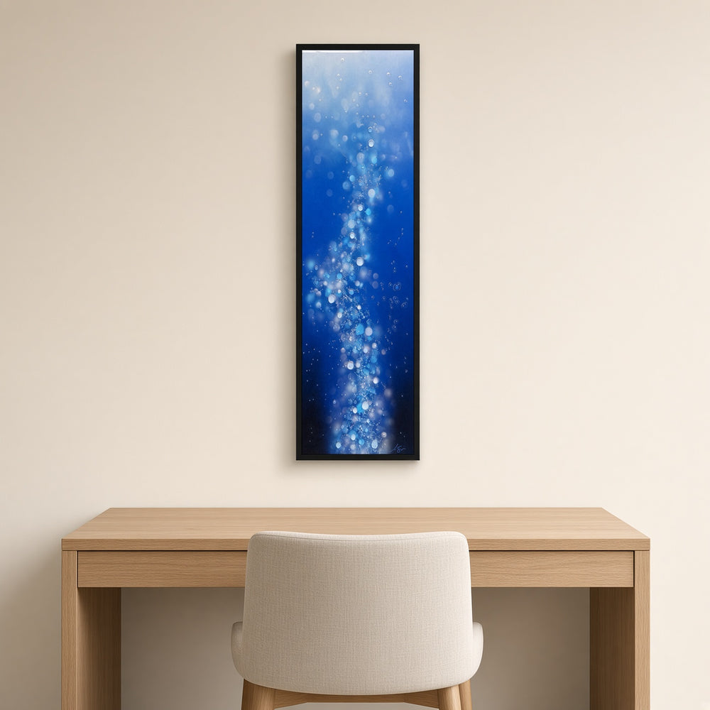 I Rise Up original painting by Justin Strom, 36x12 ACM panel in black float frame, shown above a desk