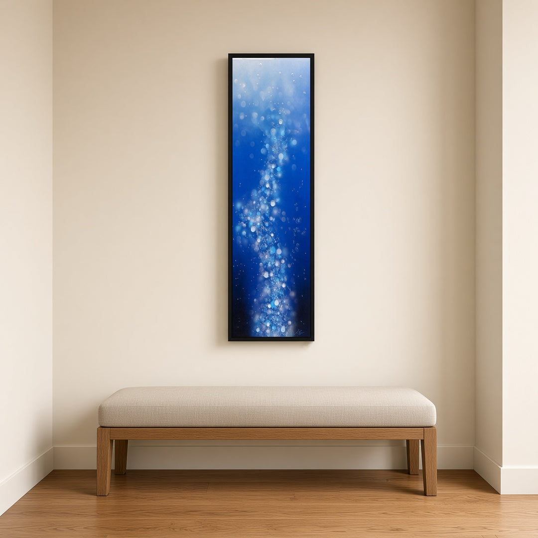 I Rise Up original painting by Justin Strom, 36x12 ACM panel in black float frame, shown above an entry bench