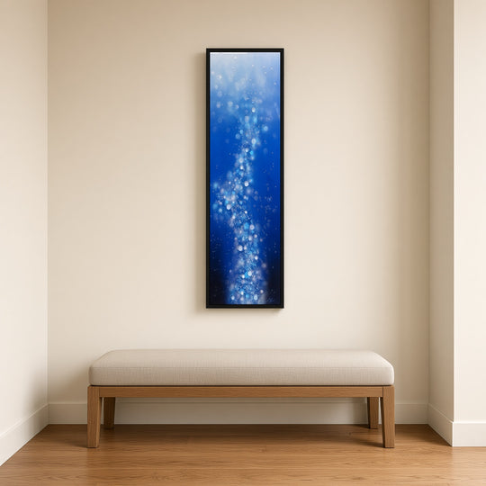 I Rise Up original painting by Justin Strom, 36x12 ACM panel in black float frame, shown above an entry bench